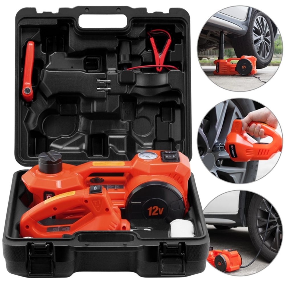 A three in one electric car jack kit with wrench and tyre pump